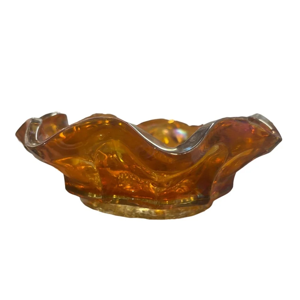 Vintage Marigold‎ Carnival Glass Bowl Grape Cluster Ruffled Edge 6 Inch
